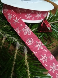 Bavlněná stuha vločky šíře 15 mm vánoční červená