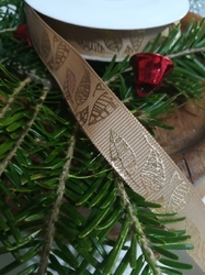 Rypsová stuha s listy šíře 15 mm vánoční hnědá