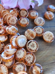 Knoflík hnědý se vzorem kytičky oranžové