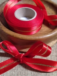 Atlasová stuha s lurexem oboulící šíře 25 mm vánoční červená se zlatým pruhem