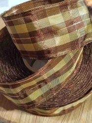Stuha káro s drátem šíře 40 mm barva hnědá khaki