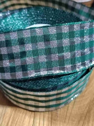 Stuha káro s drátem šíře 40 mm barva stříbrná zelená