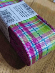Kostkovaná stuha s drátem šíře 40 mm barva růžová tyrkys zelená