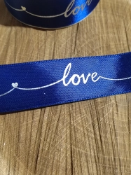 Saténová stuha s metalickým potiskem Love šíře 26 mm modrá