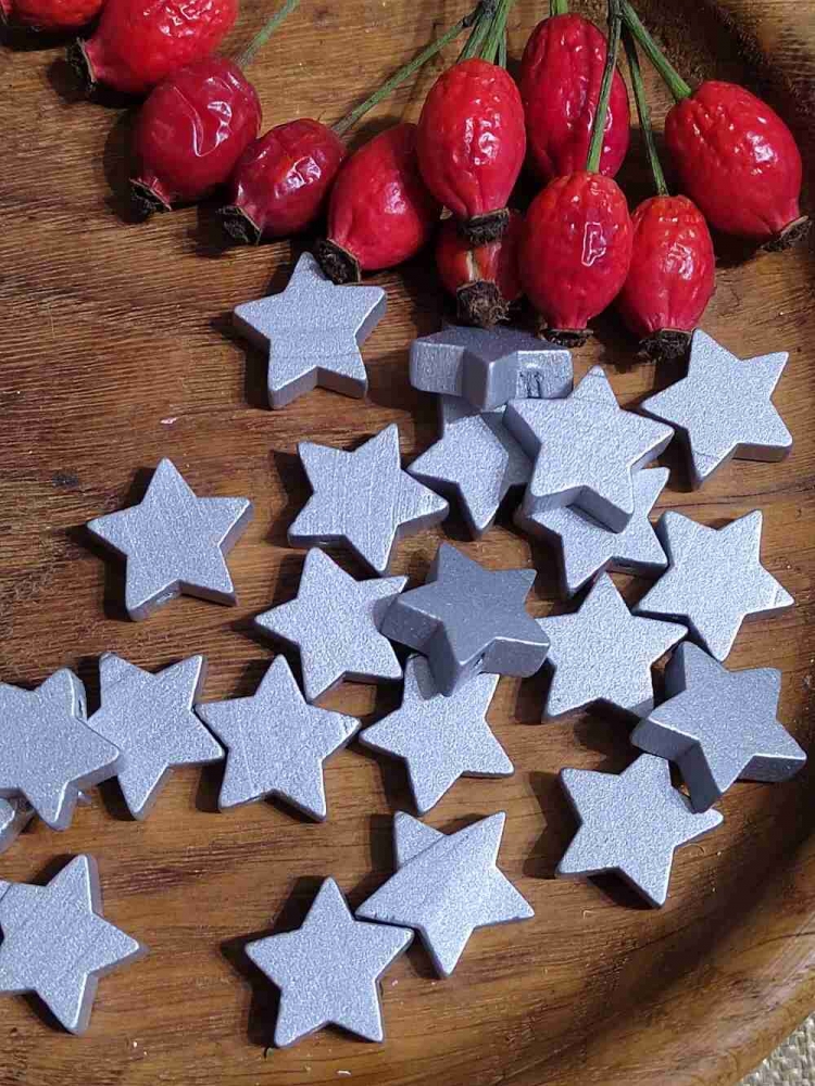 Dřevěné korálky hvězda metalické Ø19 mm stříbrná 