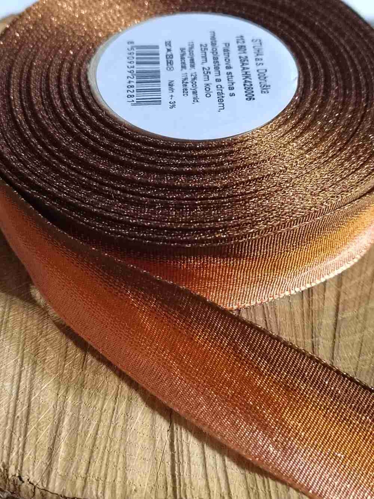 Plátnová stuha s drátem šíře 25 mm 5 metrů barva hnědá měděná